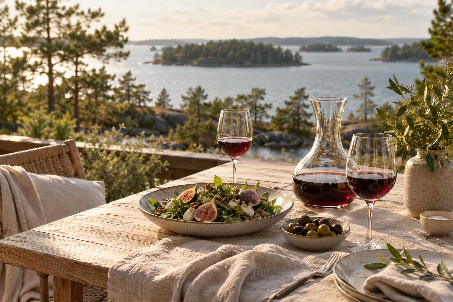 A summer table with wine and seasonal food overlooking the archipelago